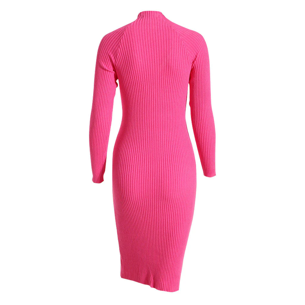 Edgy Twist Front CutOut High Neck Long Sleeve Rib Knit Midi Dress - Black - Image 4