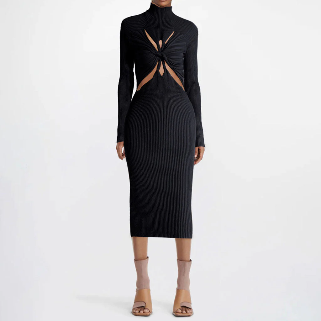 Edgy Twist Front CutOut High Neck Long Sleeve Rib Knit Midi Dress - Black - Image 5