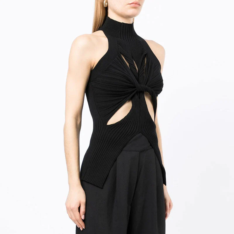 Edgy Twisted CutOut Front High Neck Racer Back Ribbed Knit Tank Top - Black - Image 2