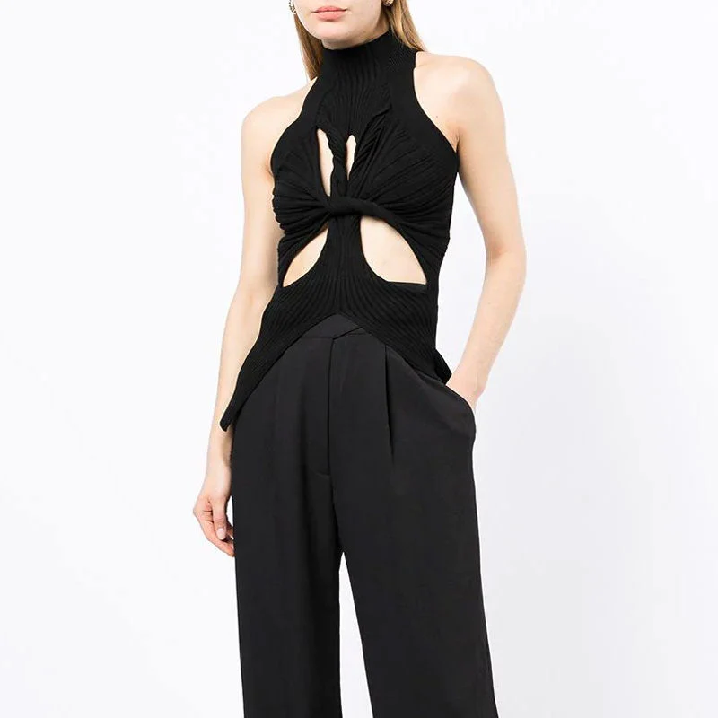 Edgy Twisted CutOut Front High Neck Racer Back Ribbed Knit Tank Top - Black - Image 3