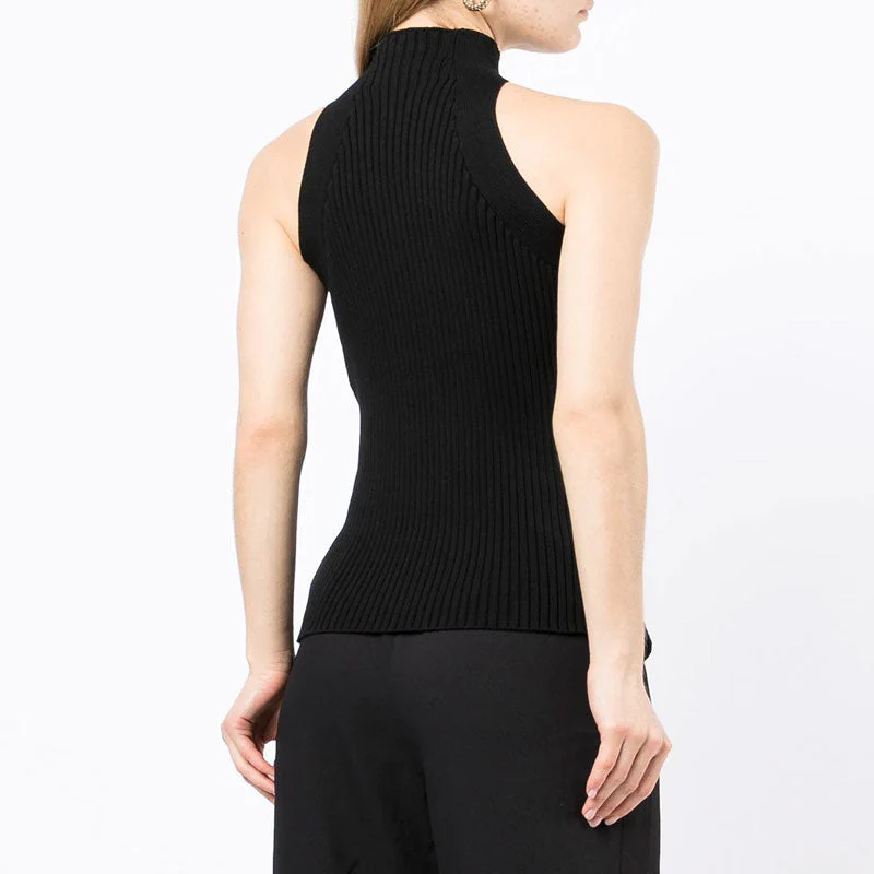 Edgy Twisted CutOut Front High Neck Racer Back Ribbed Knit Tank Top - Black - Image 4