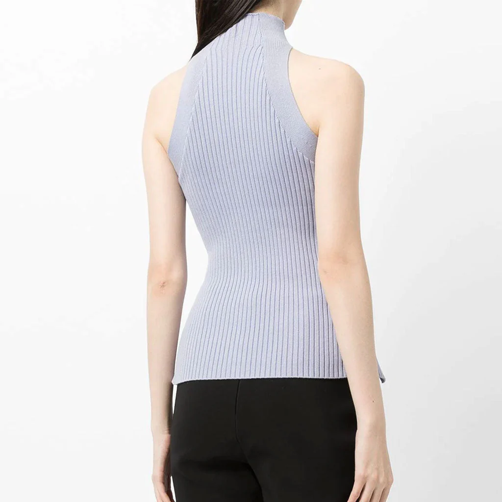 Edgy Twisted CutOut Front High Neck Racer Back Ribbed Knit Tank Top - Purple - Image 2