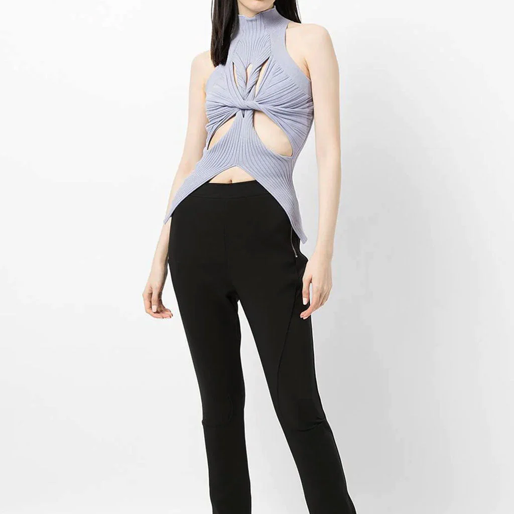 Edgy Twisted CutOut Front High Neck Racer Back Ribbed Knit Tank Top - Purple - Image 3