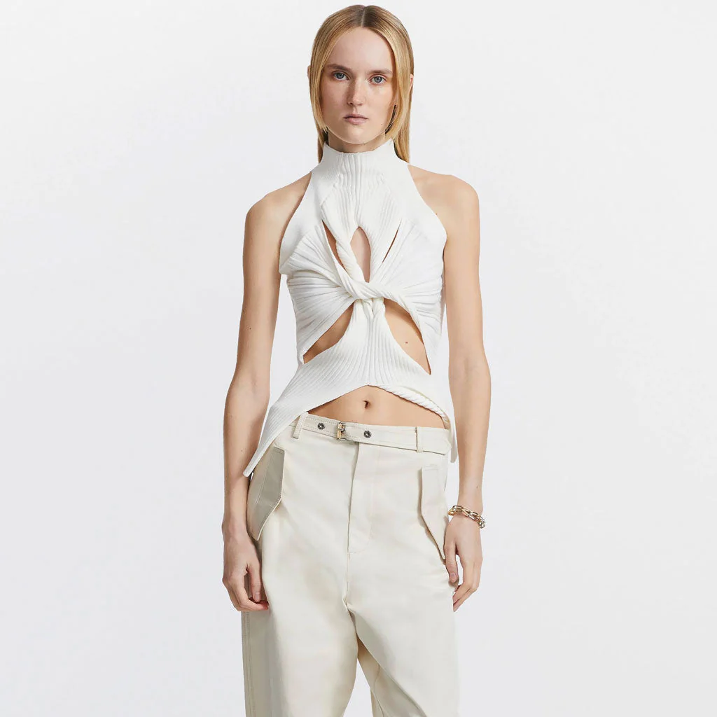 Edgy Twisted CutOut Front High Neck Racer Back Ribbed Knit Tank Top - White - Image 2