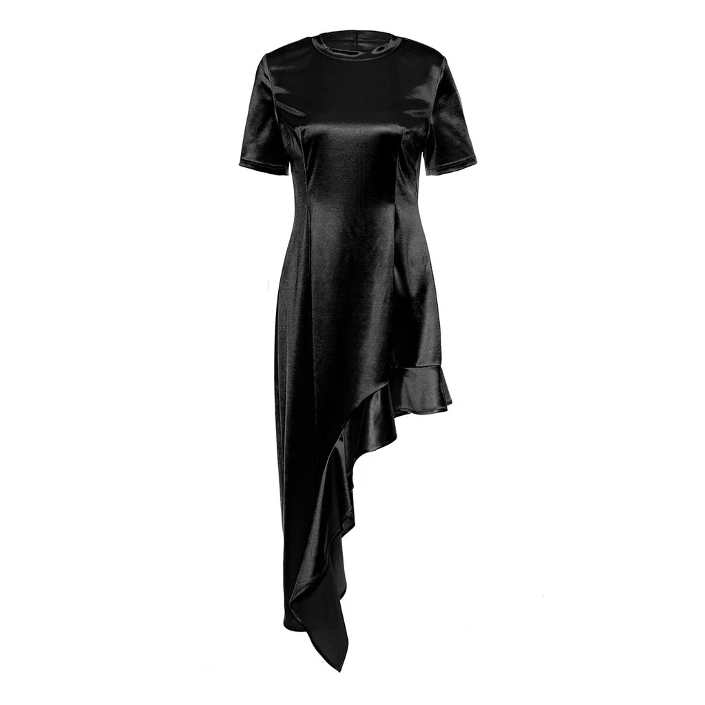 Electric Crew Neck Short Sleeve Asymmetrical Ruffle Hem T Shirt Dress - Image 3