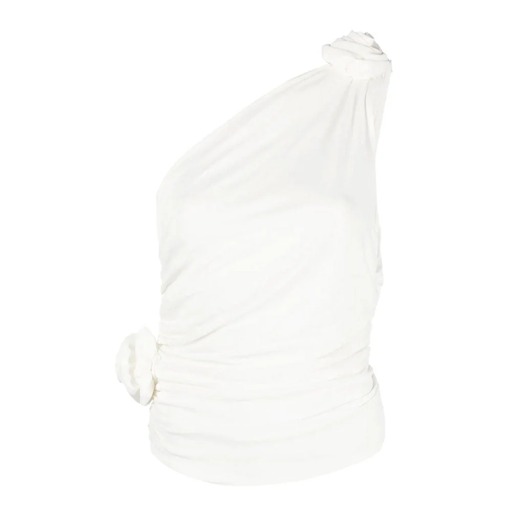 Elegant 3D Floral Rosette Detail One Shoulder Ruched Sleeveless Top - Image 2