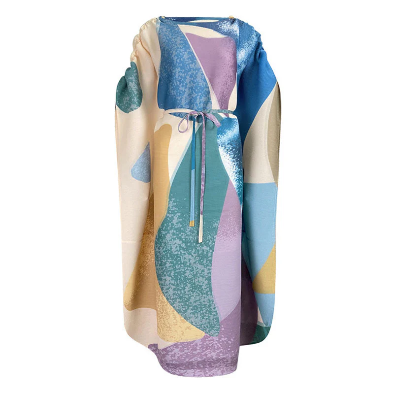 Elegant Color Block Pleated Ruched Sleeve Round Neck Belted Maxi Kaftan Dress - Image 2
