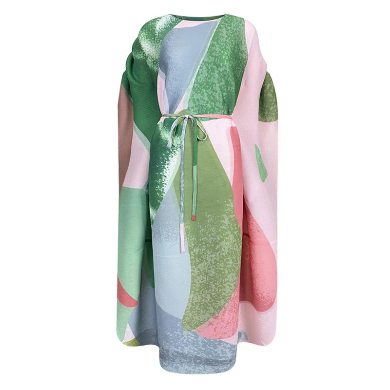 Elegant Color Block Pleated Ruched Sleeve Round Neck Belted Maxi Kaftan Dress - Image 3