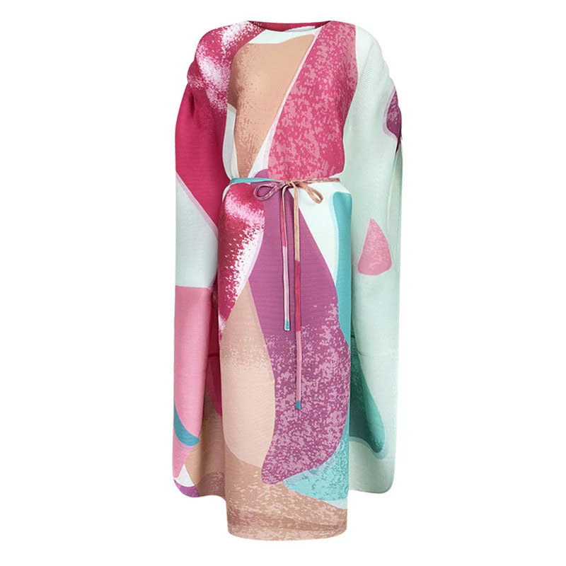 Elegant Color Block Pleated Ruched Sleeve Round Neck Belted Maxi Kaftan Dress - Image 4