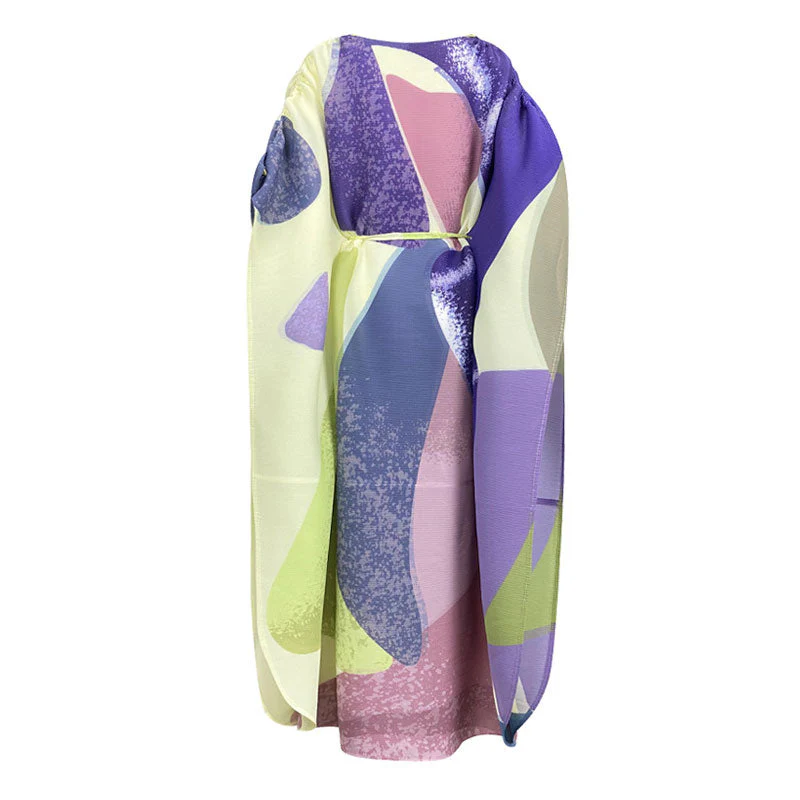 Elegant Color Block Pleated Ruched Sleeve Round Neck Belted Maxi Kaftan Dress - Image 5
