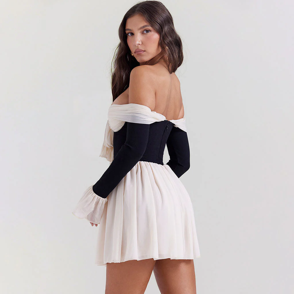 Elegant Contrast Color Ruched Bowknot Off The Shoulder Fit and Flare Mini Party Dress - Image 5