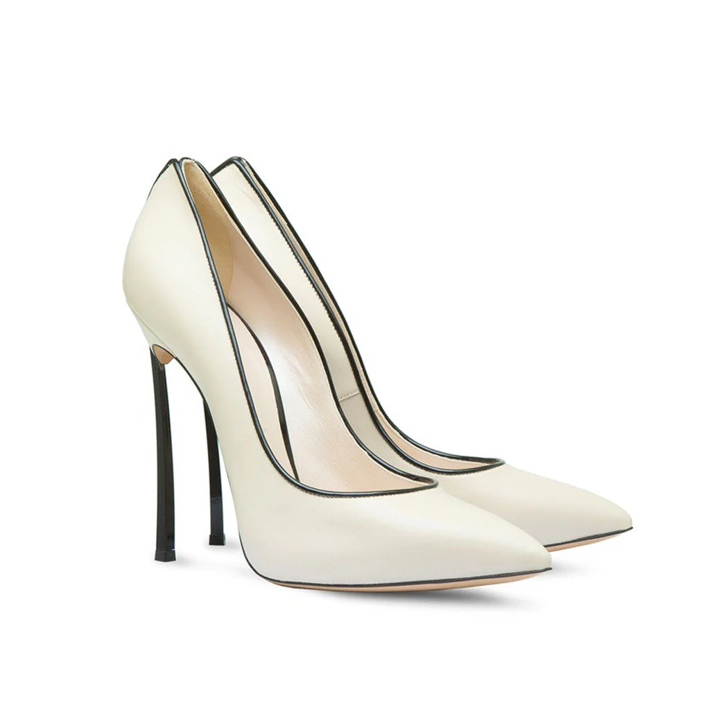 Elegant Contrast Trim Faux Leather Pointed Toe Stiletto Pumps - White - Image 2