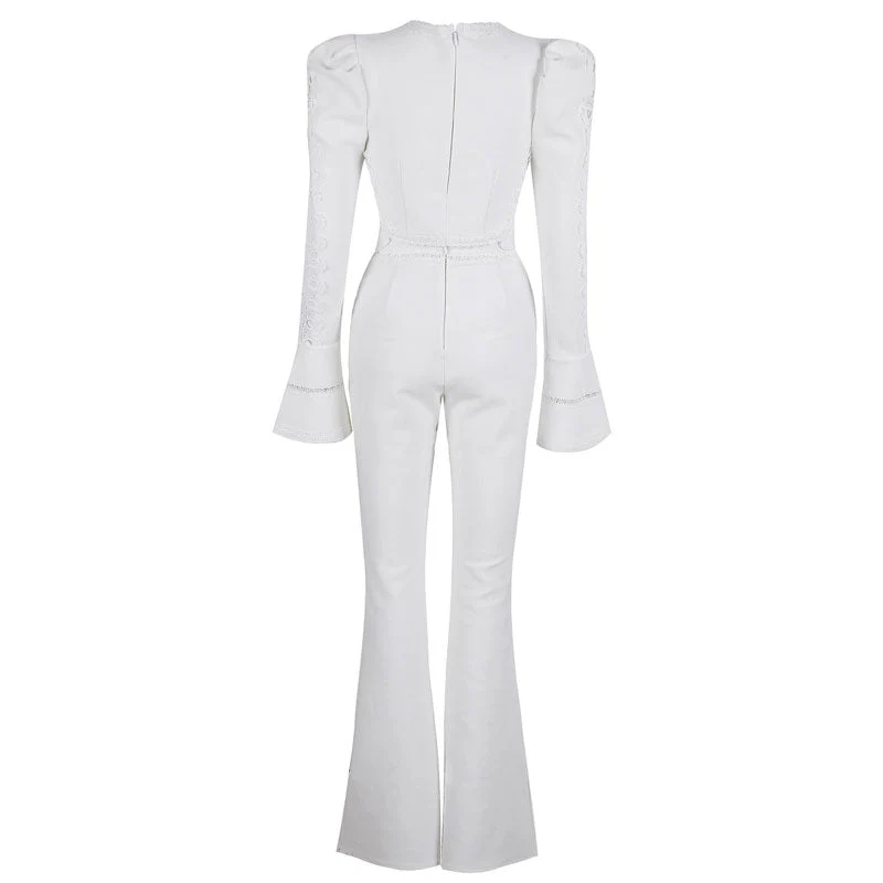 Elegant Crochet Trimmed Lace Up Bell Sleeve Crop Bandage Top Matching Set - White - Image 6