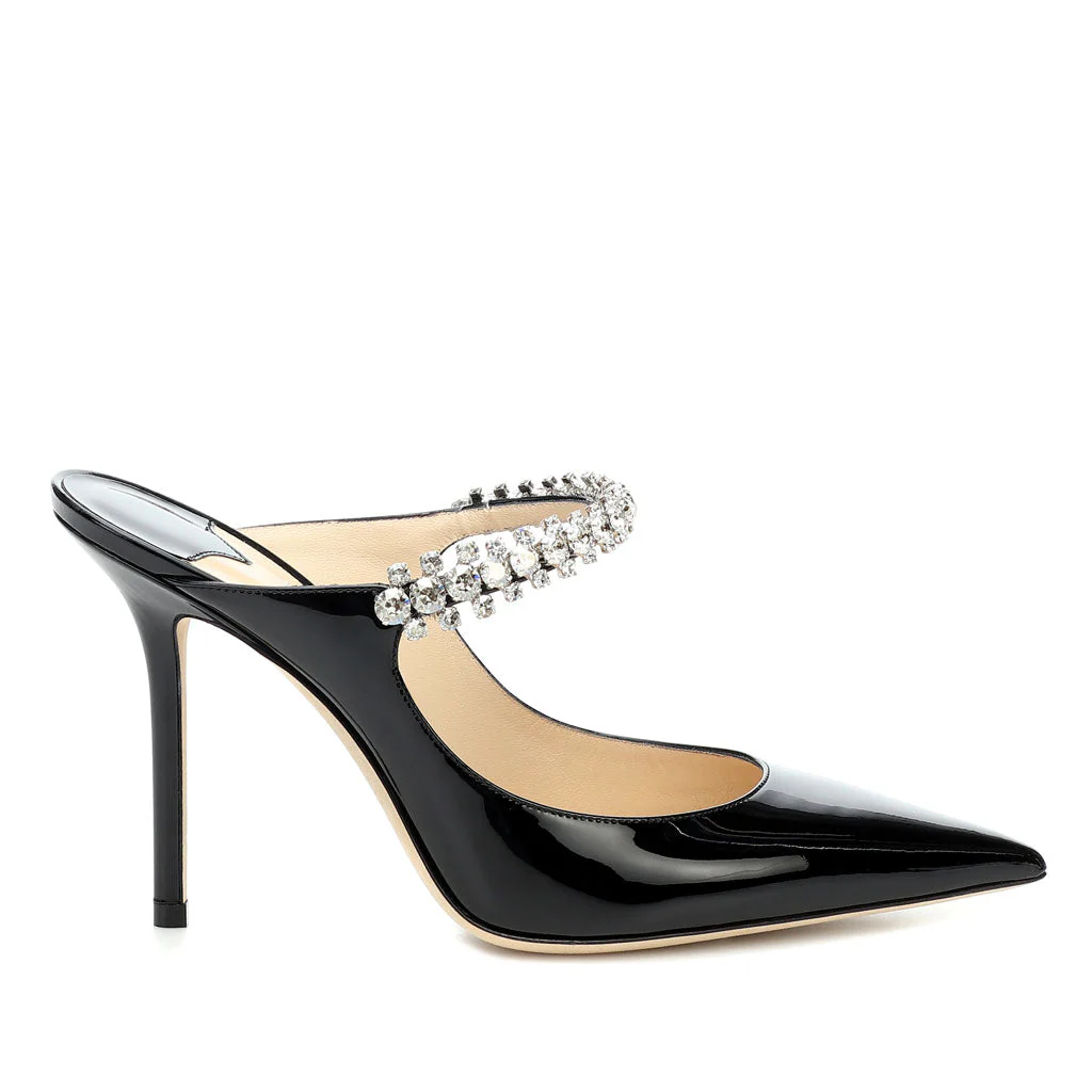 Elegant Crystal Detail Patent Leather Pointed Toe Stiletto Mules - Black - Image 6