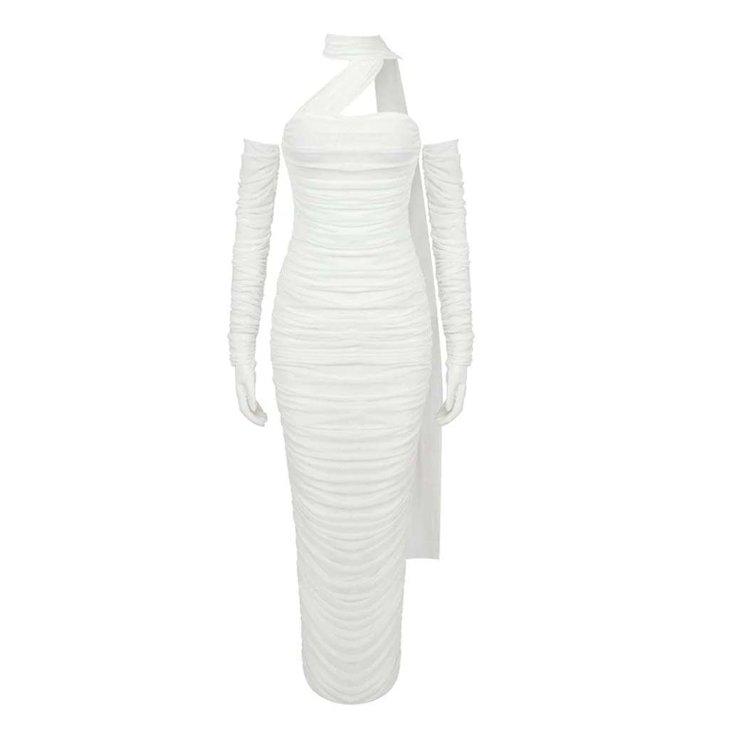 Elegant Draped Ribbon Back Slit Gloved Ruched Mesh Bodycon Maxi Evening Dress - Image 7