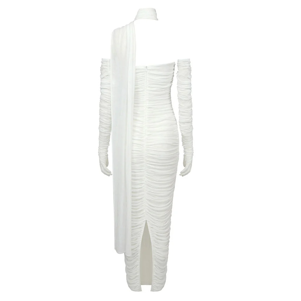 Elegant Draped Ribbon Back Slit Gloved Ruched Mesh Bodycon Maxi Evening Dress - Image 8