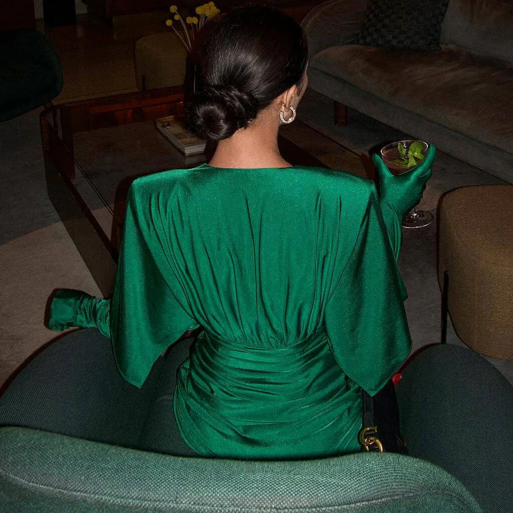 Elegant Draped Shoulder Pad Glove Sleeve V Back Ruched Bodycon Mini Dress - Image 4