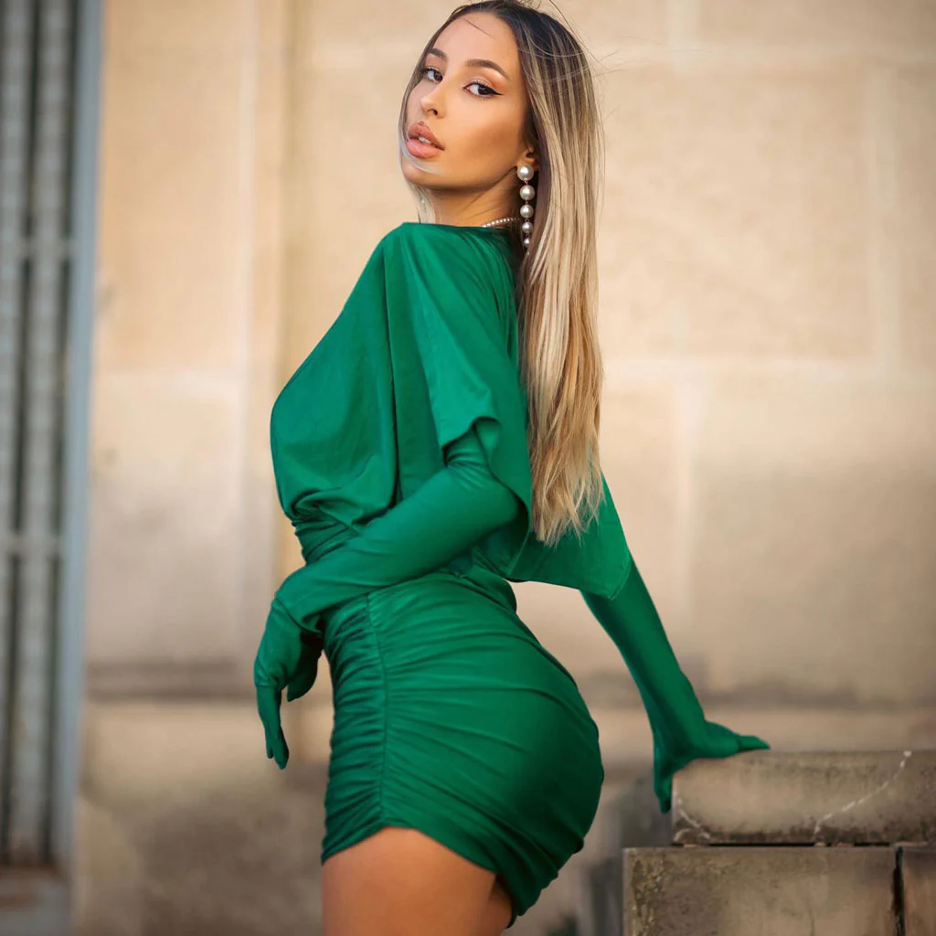 Elegant Draped Shoulder Pad Glove Sleeve V Back Ruched Bodycon Mini Dress - Image 8