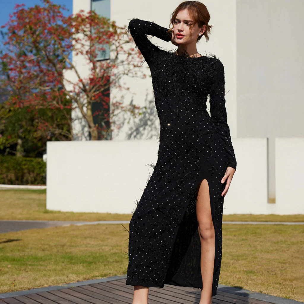 Elegant Faux Feather Rhinestone Mesh Long Sleeve High Split Evening Maxi Dress - Image 2