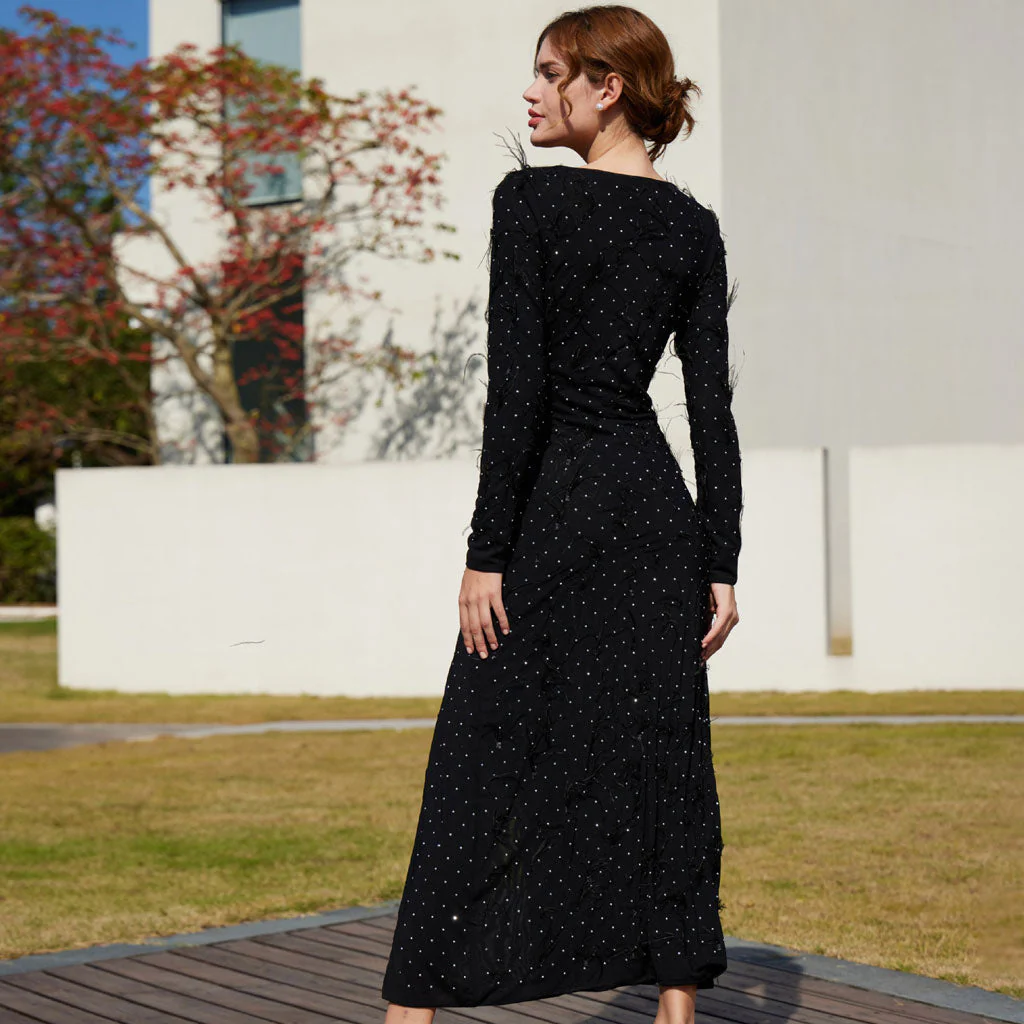 Elegant Faux Feather Rhinestone Mesh Long Sleeve High Split Evening Maxi Dress - Image 4