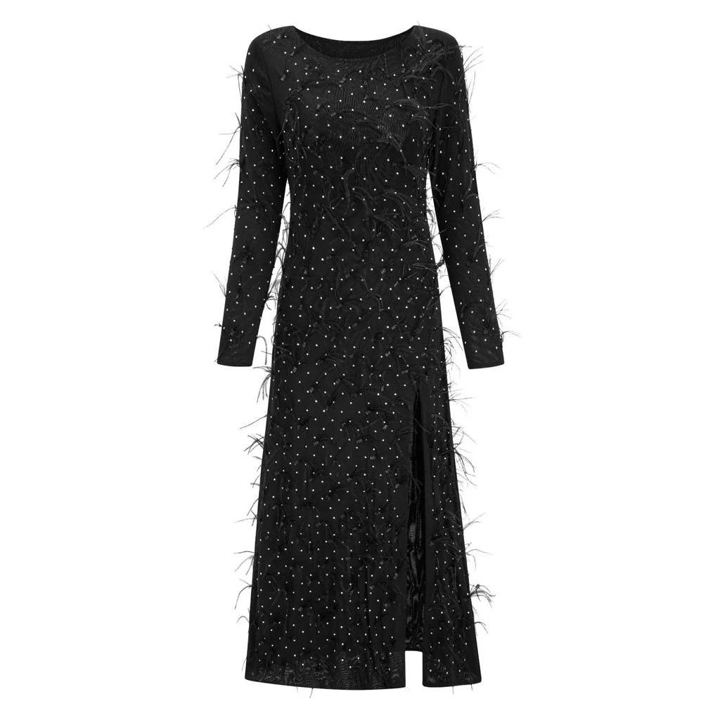 Elegant Faux Feather Rhinestone Mesh Long Sleeve High Split Evening Maxi Dress - Image 6