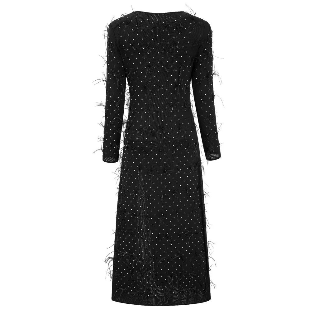 Elegant Faux Feather Rhinestone Mesh Long Sleeve High Split Evening Maxi Dress - Image 7