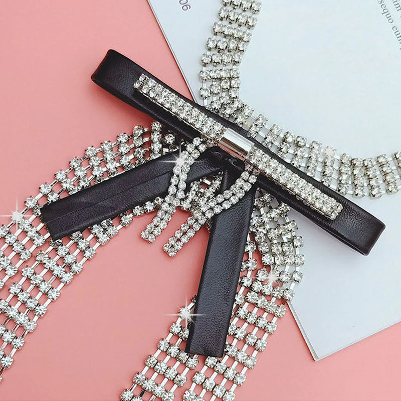 Elegant Faux Leather Trim Crystal Bow Tassel Choker NeckLace - Silver - Image 3