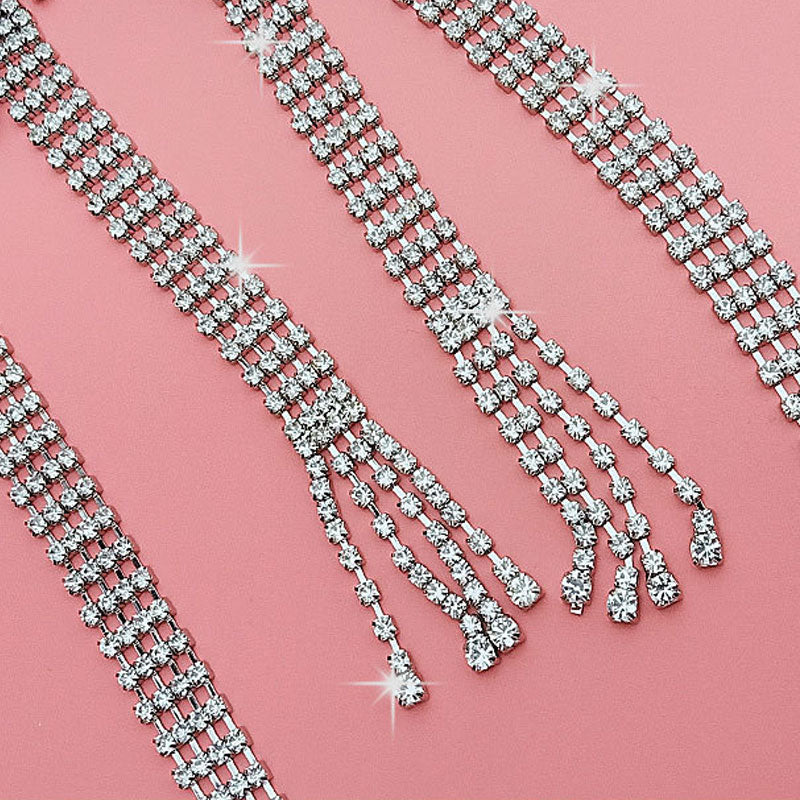 Elegant Faux Leather Trim Crystal Bow Tassel Choker NeckLace - Silver - Image 4
