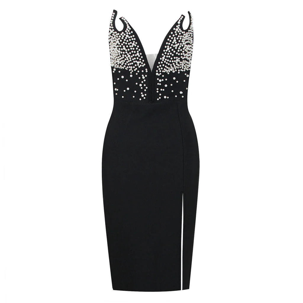 Elegant Faux Pearl Beaded Plunging Neck Side Slit Midi Bandage Dress - Black - Image 4
