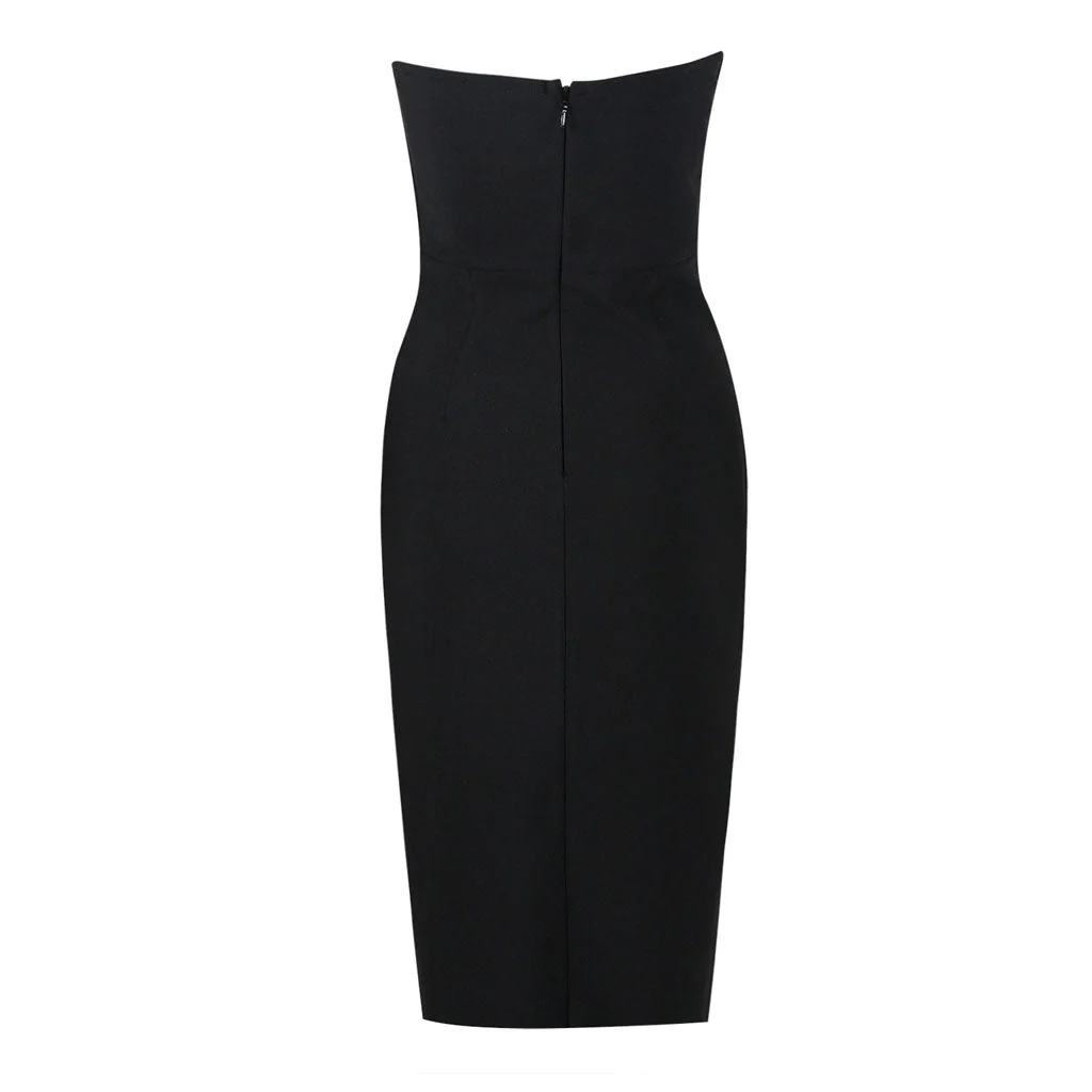 Elegant Faux Pearl Beaded Plunging Neck Side Slit Midi Bandage Dress - Black - Image 5
