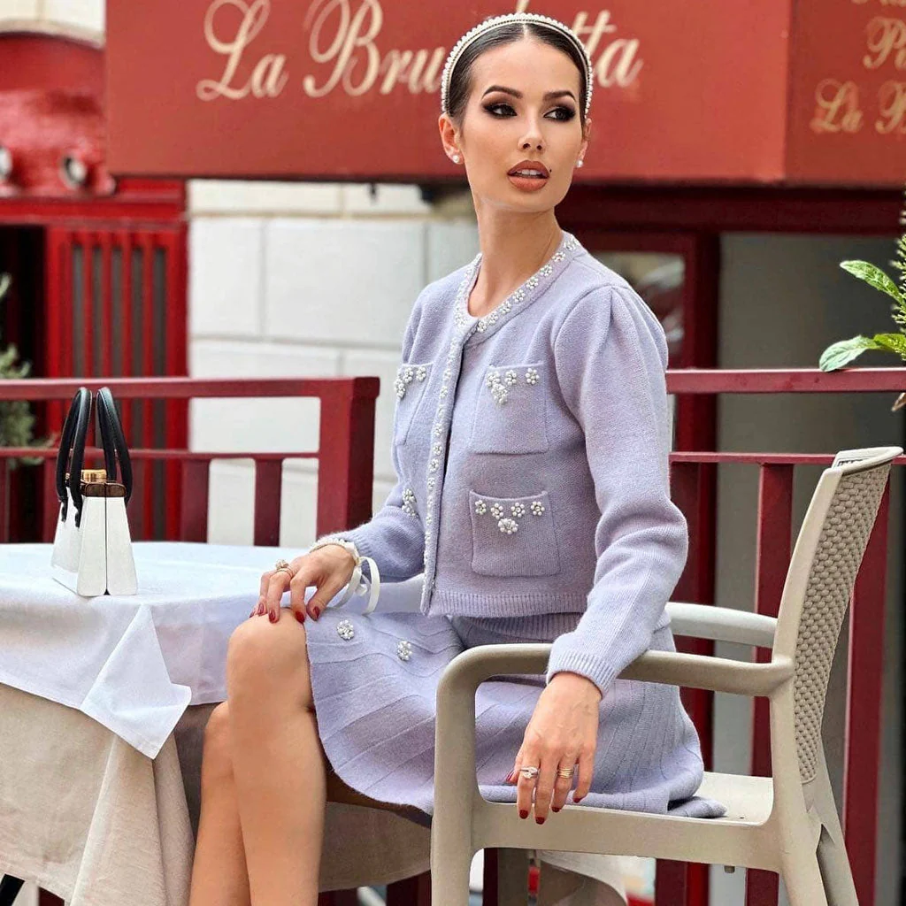 Elegant Faux Pearl Detail Crew Neck Button Up Knit Cardigan Matching Set - Image 5