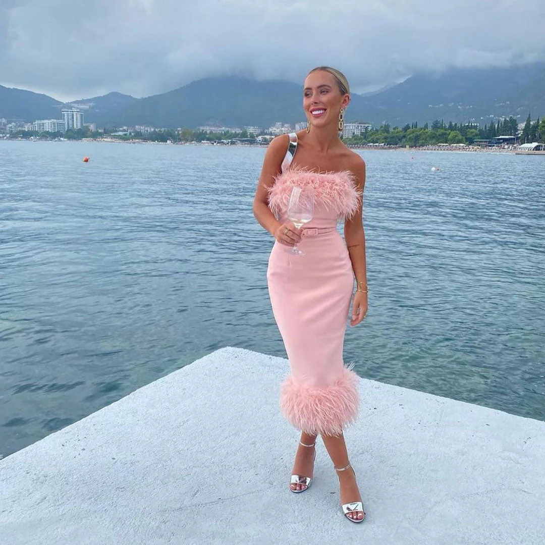 Elegant Feather Strapless Slit Bodycon Cocktail Midi Dress - Pink - Image 2