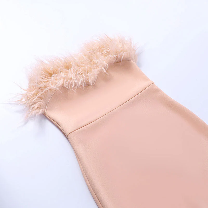 Elegant Feather Strapless Slit Bodycon Cocktail Midi Dress - Pink - Image 3