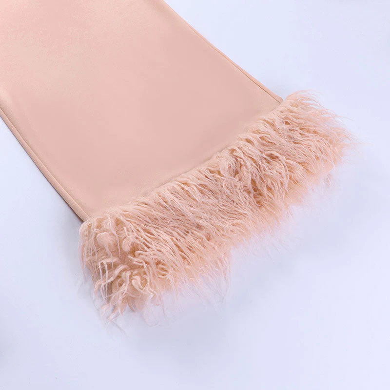 Elegant Feather Strapless Slit Bodycon Cocktail Midi Dress - Pink - Image 4