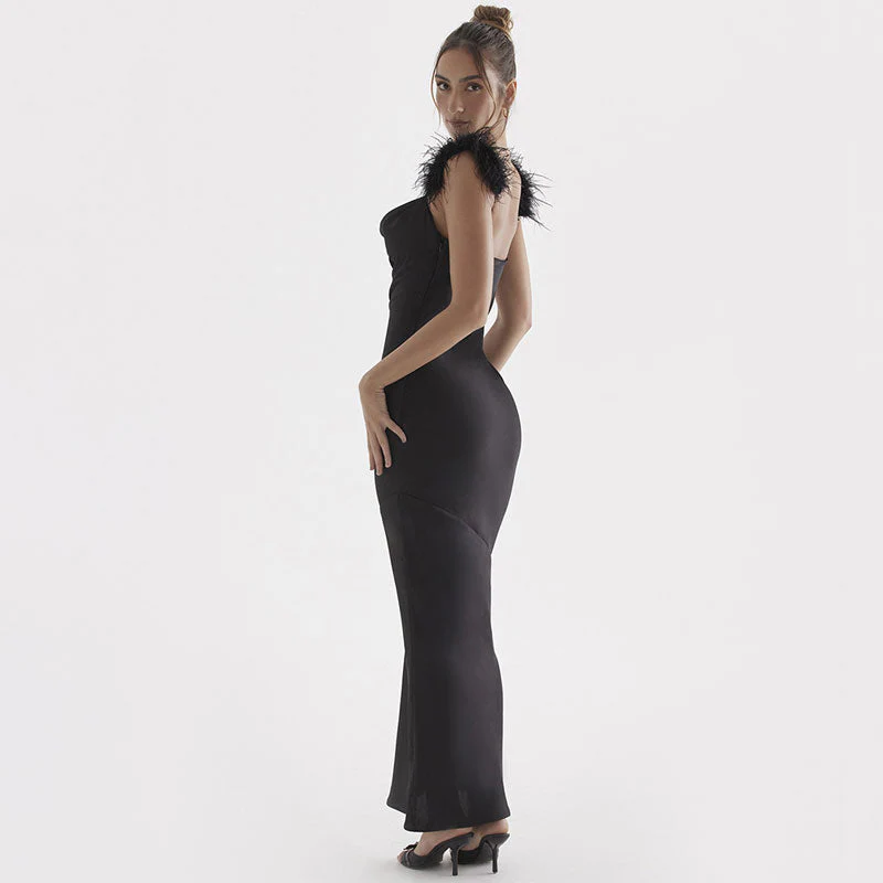 Elegant Feather Trim Draped Cowl Neck Satin Maxi Evening Dress - Black - Image 5