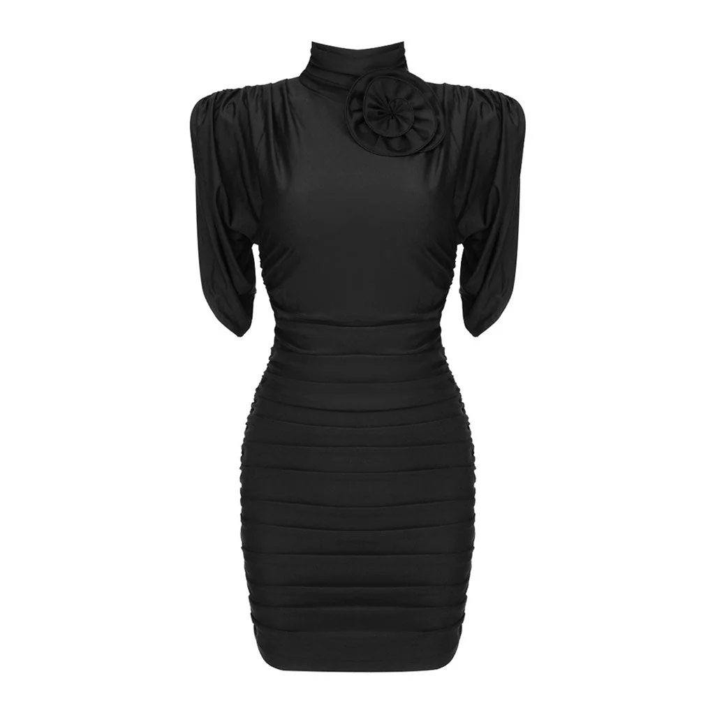 Elegant Floral Rosette Ruched High Neck Petal Sleeve Mini Party Dress - Image 6