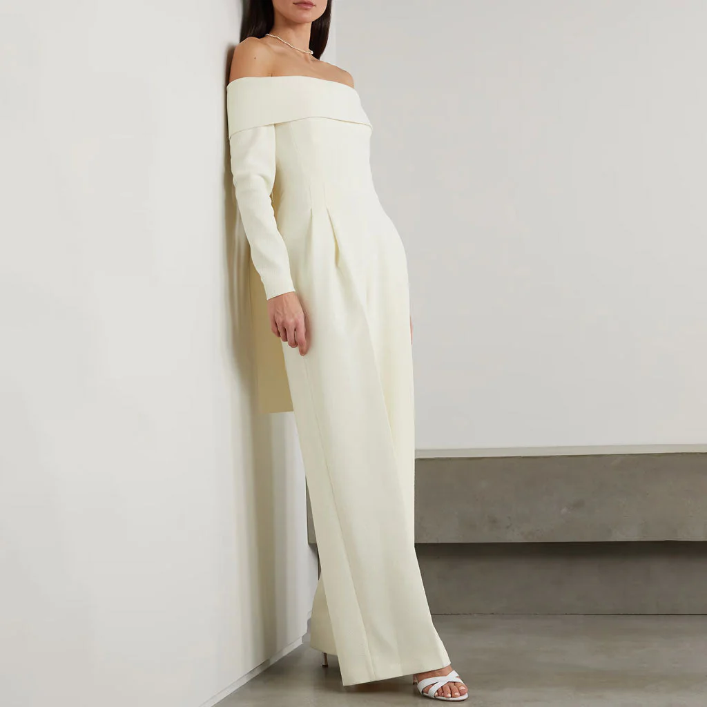 Elegant Folded Off Shoulder Bow Tie Back Long Sleeve Wide Leg Crepe Jumpsuit - Image 2