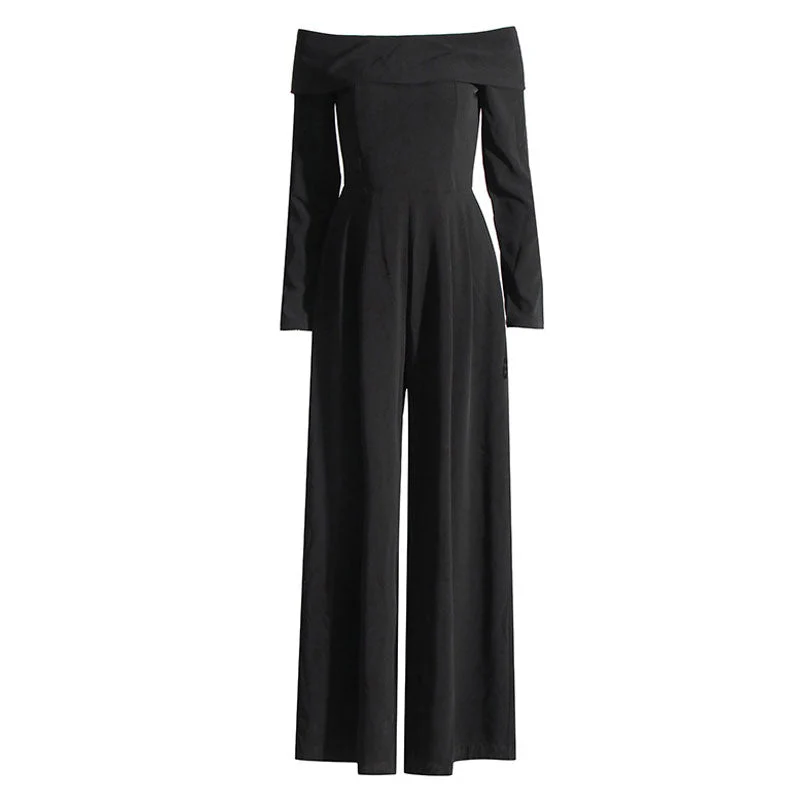 Elegant Folded Off Shoulder Bow Tie Back Long Sleeve Wide Leg Crepe Jumpsuit - Image 3