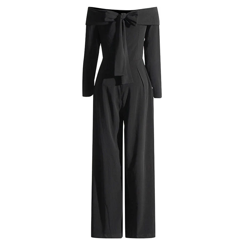 Elegant Folded Off Shoulder Bow Tie Back Long Sleeve Wide Leg Crepe Jumpsuit - Image 4