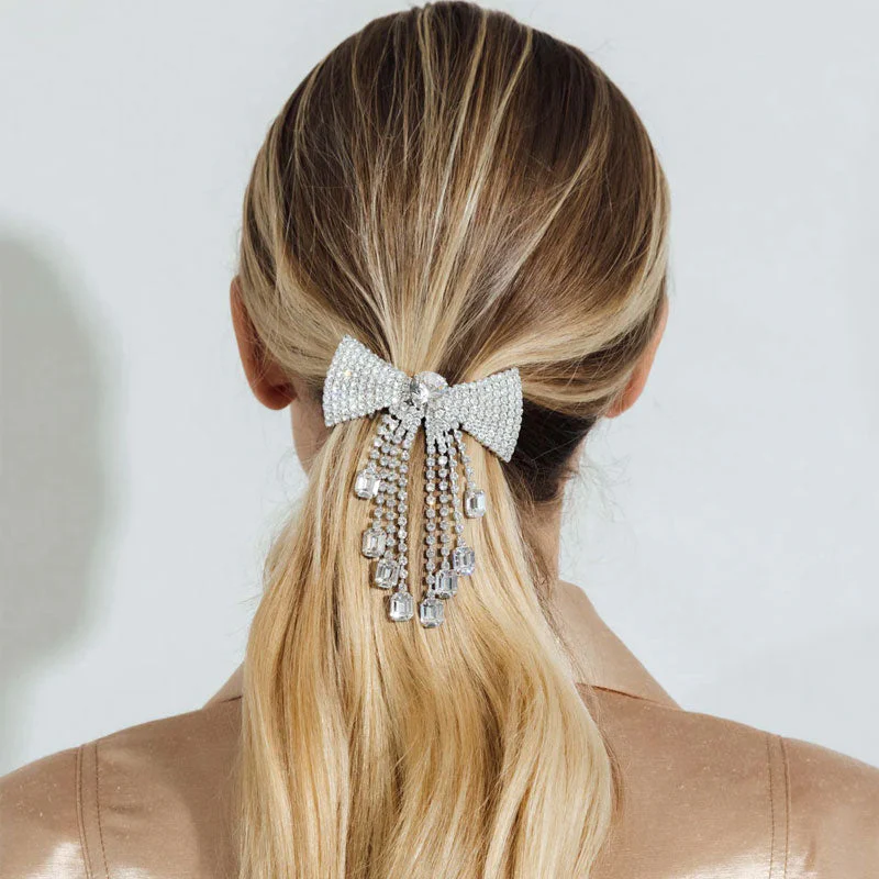Elegant Fringe Crystal Embellished Bow Barette Hair Accessory - Silver - Image 3