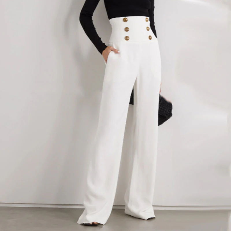 Elegant Gold Button Detail High Waist Flare Pants - White - Image 3