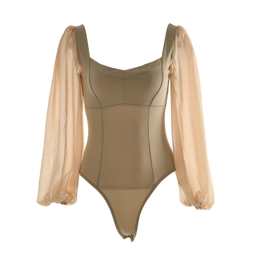 Elegant High Cut Mesh Puff Sleeves Sweetheart Bodysuit  - Khaki - Image 2
