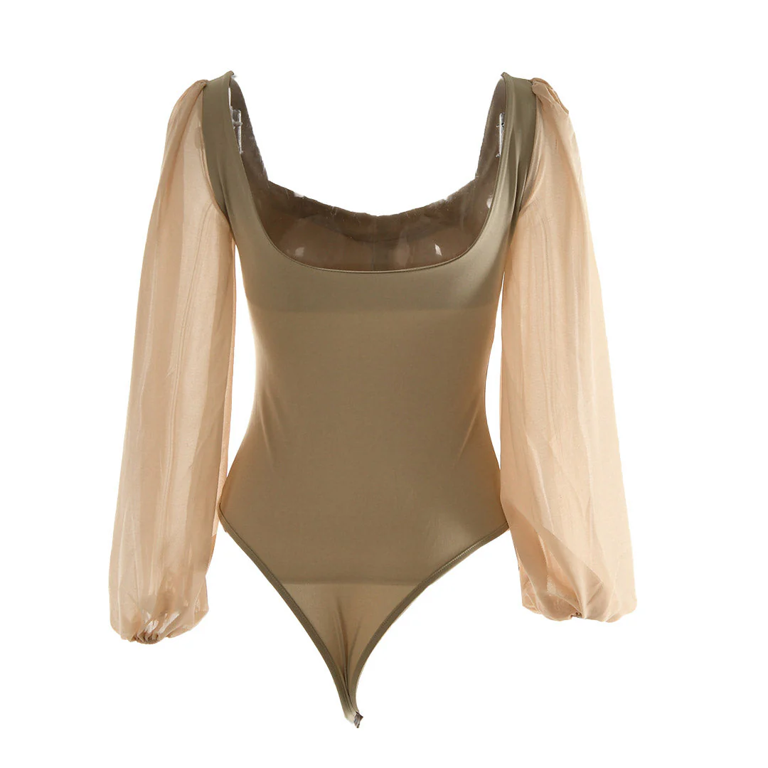 Elegant High Cut Mesh Puff Sleeves Sweetheart Bodysuit  - Khaki - Image 3