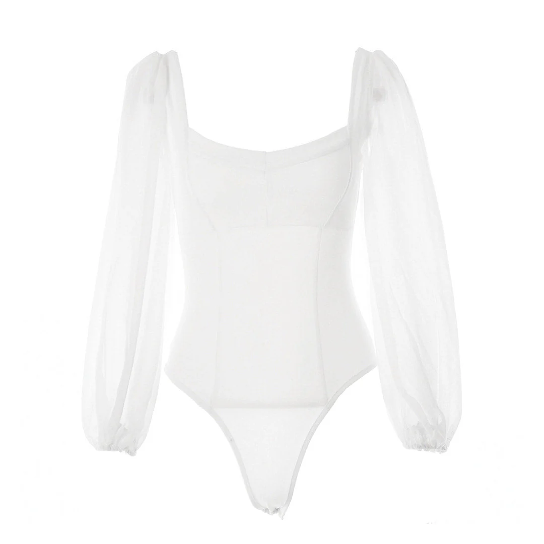 Elegant High Cut Mesh Puff Sleeves Sweetheart Bodysuit  - White - Image 2