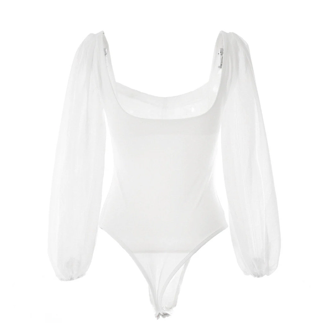 Elegant High Cut Mesh Puff Sleeves Sweetheart Bodysuit  - White - Image 3