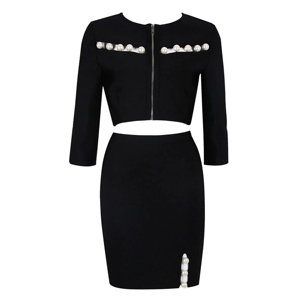Elegant Imitated Pearl CutOut Trim Split Elbow Sleeve Bandage Matching Set - Image 3
