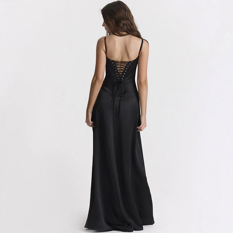Elegant Lace Up Spaghetti Strap Fit and Flare Satin Maxi Evening Dress - Image 2