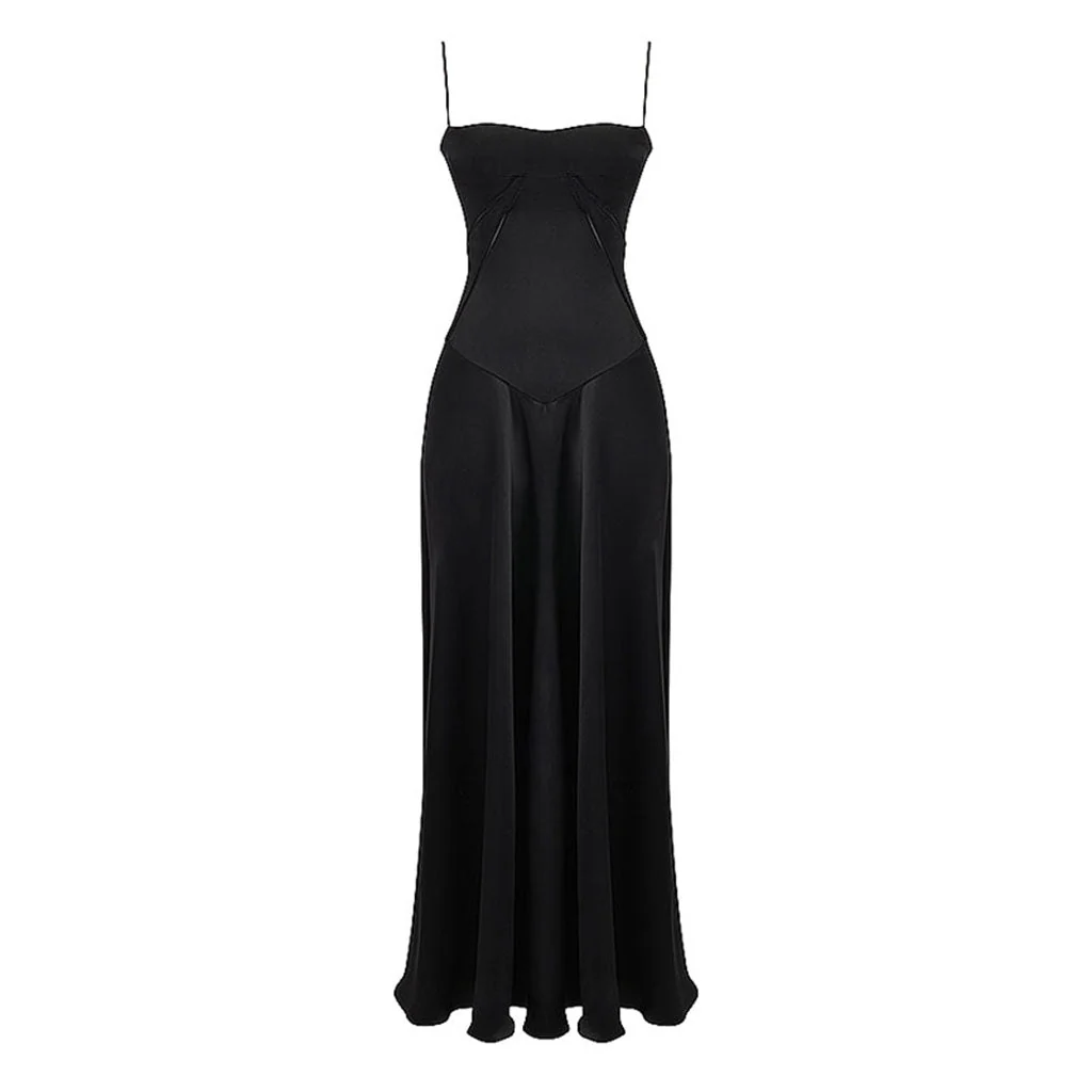 Elegant Lace Up Spaghetti Strap Fit and Flare Satin Maxi Evening Dress - Image 3