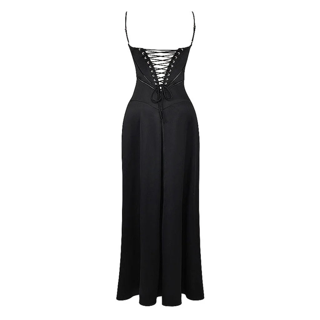 Elegant Lace Up Spaghetti Strap Fit and Flare Satin Maxi Evening Dress - Image 4