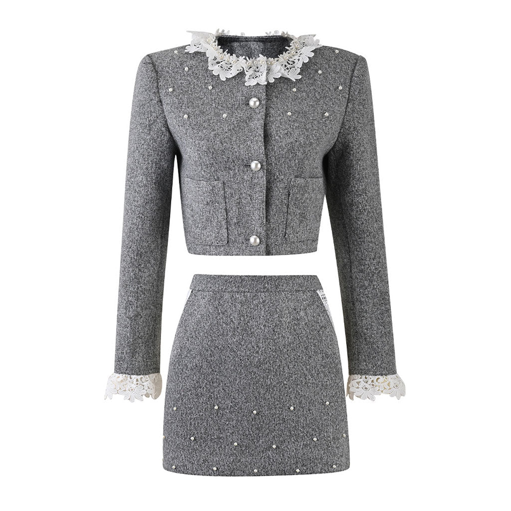 Elegant Lacey Crew Neck Beaded Button Front Long Sleeve Crop Wool Blend Jacket - Image 3
